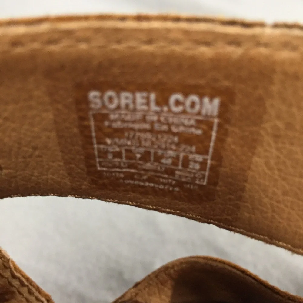 Sorel Joanie Lace Tan Leather Wedge Sandals Peep Toe Lace Up Womens 9 NL2514-224